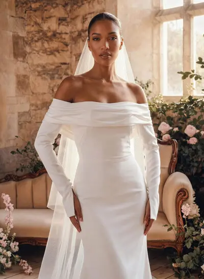 Modest Trumpet Off-The-Shoulder Long Sleeves Wedding Dresses With High Split
