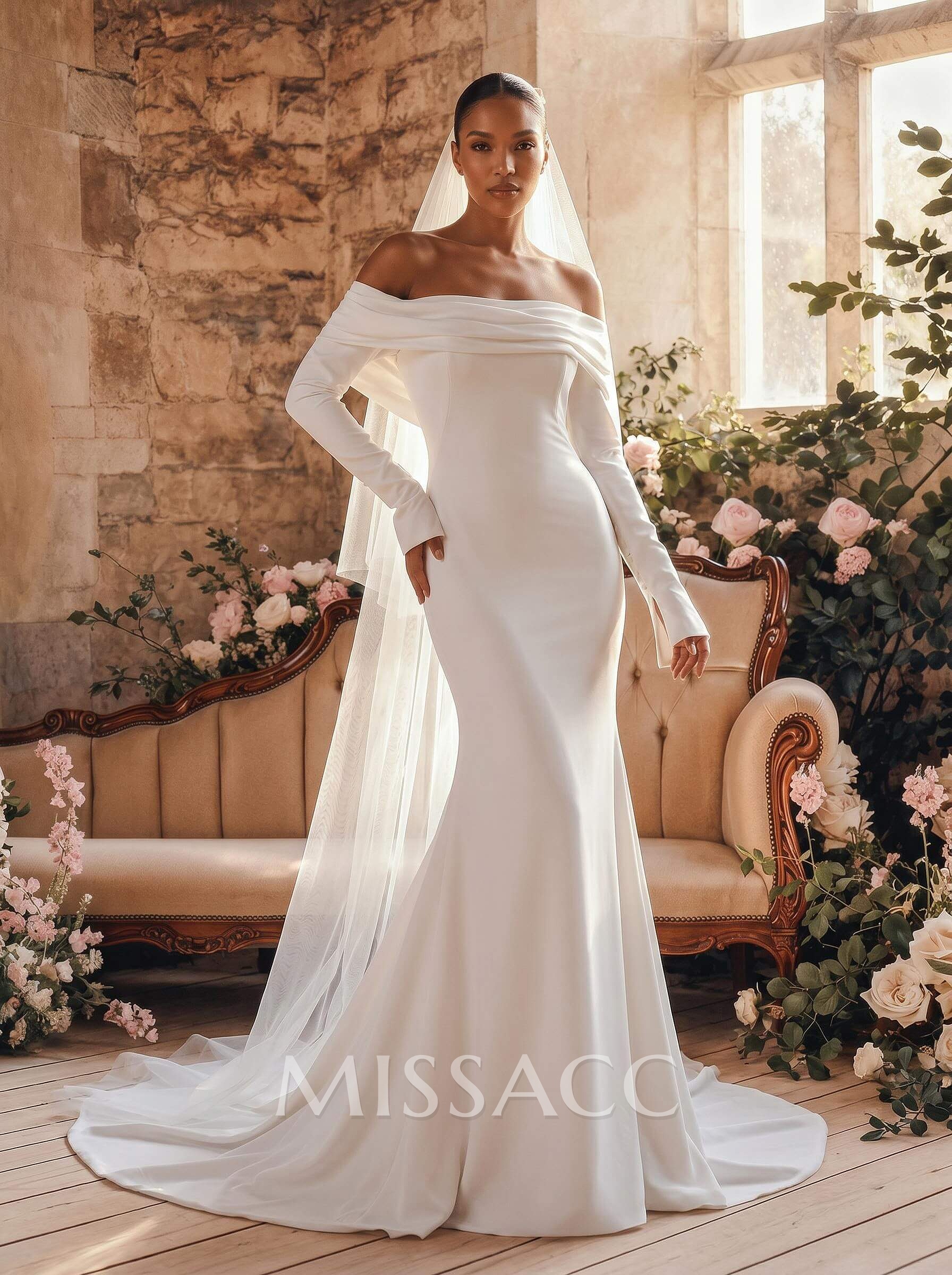 Modest Trumpet Off-The-Shoulder Long Sleeves Wedding Dresses With High Split Modest Trumpet Off-The-Shoulder Long Sleeves Wedding Dresses With High Split