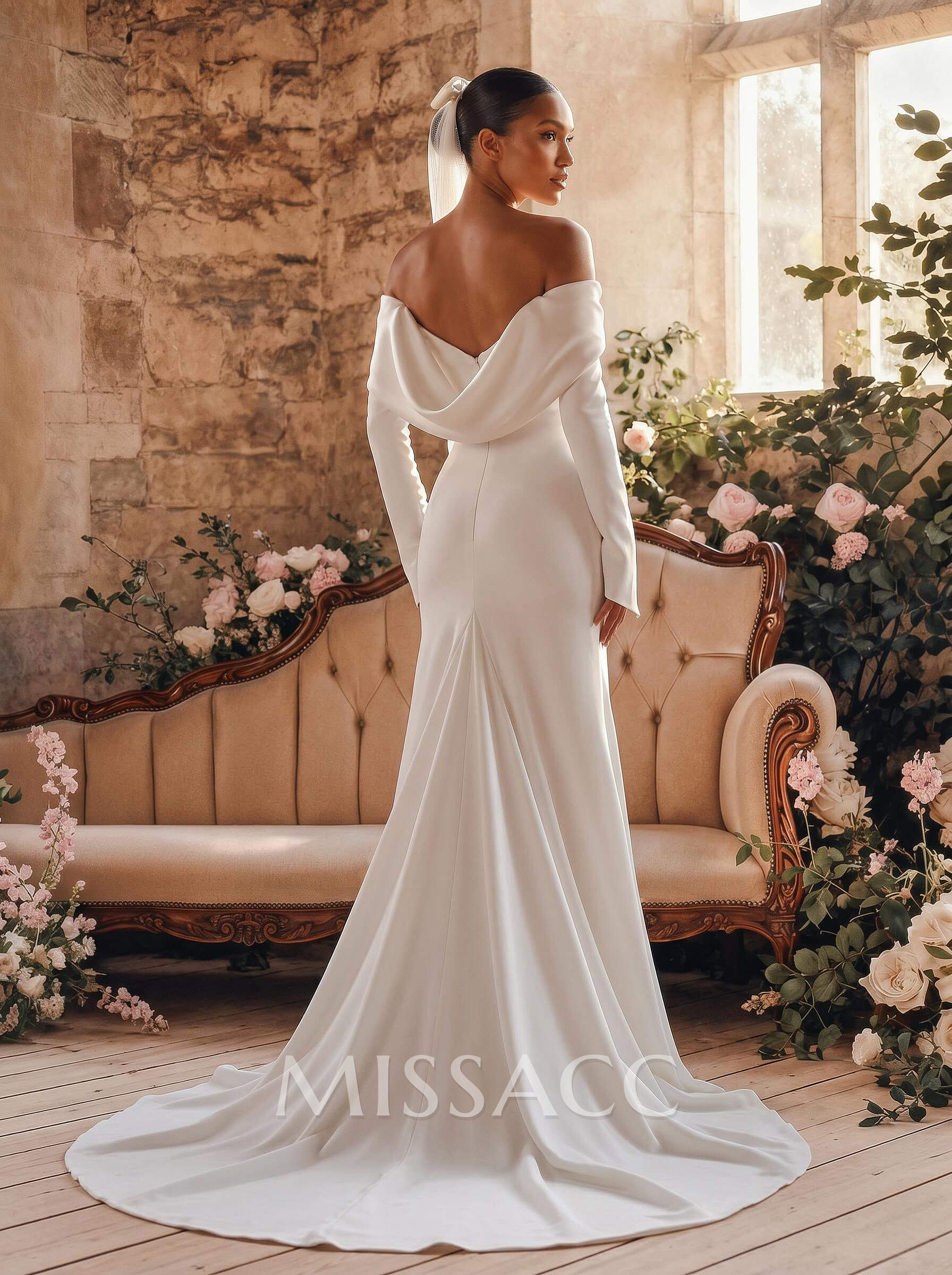 Modest Trumpet Off-The-Shoulder Long Sleeves Wedding Dresses With High Split Modest Trumpet Off-The-Shoulder Long Sleeves Wedding Dresses With High Split