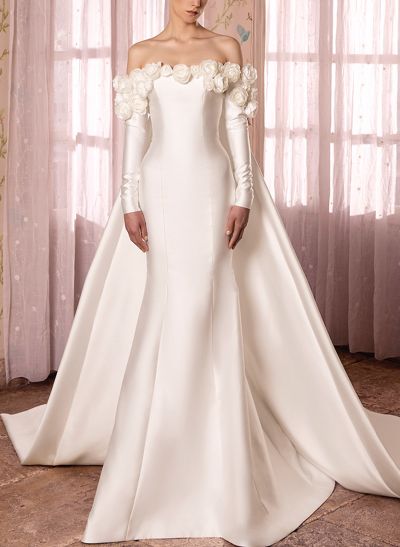 Luxury Trumpet Off-The-Shoulder Long Sleeves Satin Wedding Dresses With 3D Floral