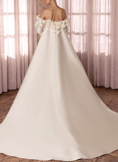 Luxury Trumpet Off-The-Shoulder Long Sleeves Satin Wedding Dresses With 3D Floral