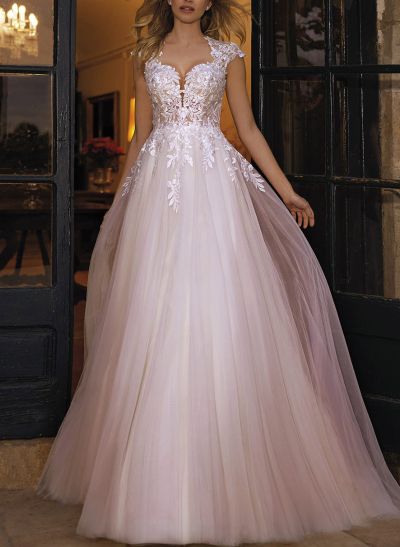 Dreamy Princess Ball Gown A-Line V-Neck Tulle Wedding Dresses With Appliques Lace