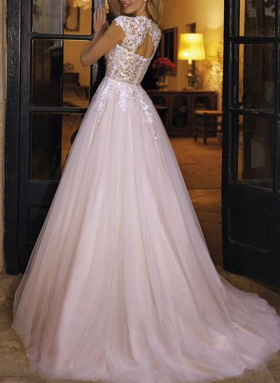 Dreamy Princess Ball Gown A-Line V-Neck Tulle Wedding Dresses With Appliques Lace