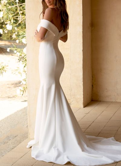 Minimalistic Trumpet Off-The-Shoulder Satin Wedding Dresses With Buttons Down The Back