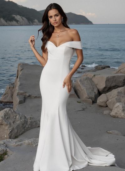 Minimalistic Trumpet Off-The-Shoulder Satin Wedding Dresses With Buttons Down The Back