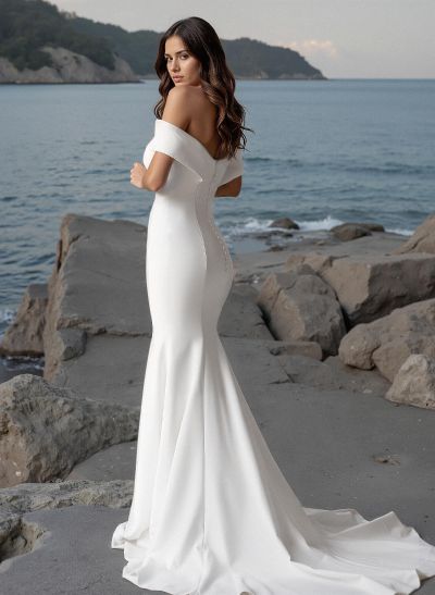 Minimalistic Trumpet Off-The-Shoulder Satin Wedding Dresses With Buttons Down The Back