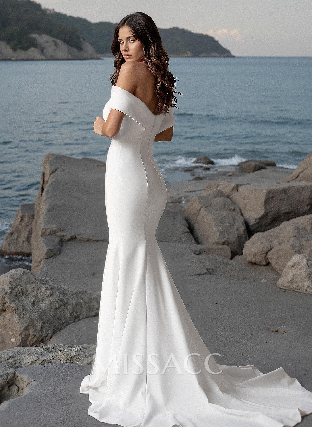 Minimalistic Trumpet Off-The-Shoulder Satin Wedding Dresses With Buttons Down The Back