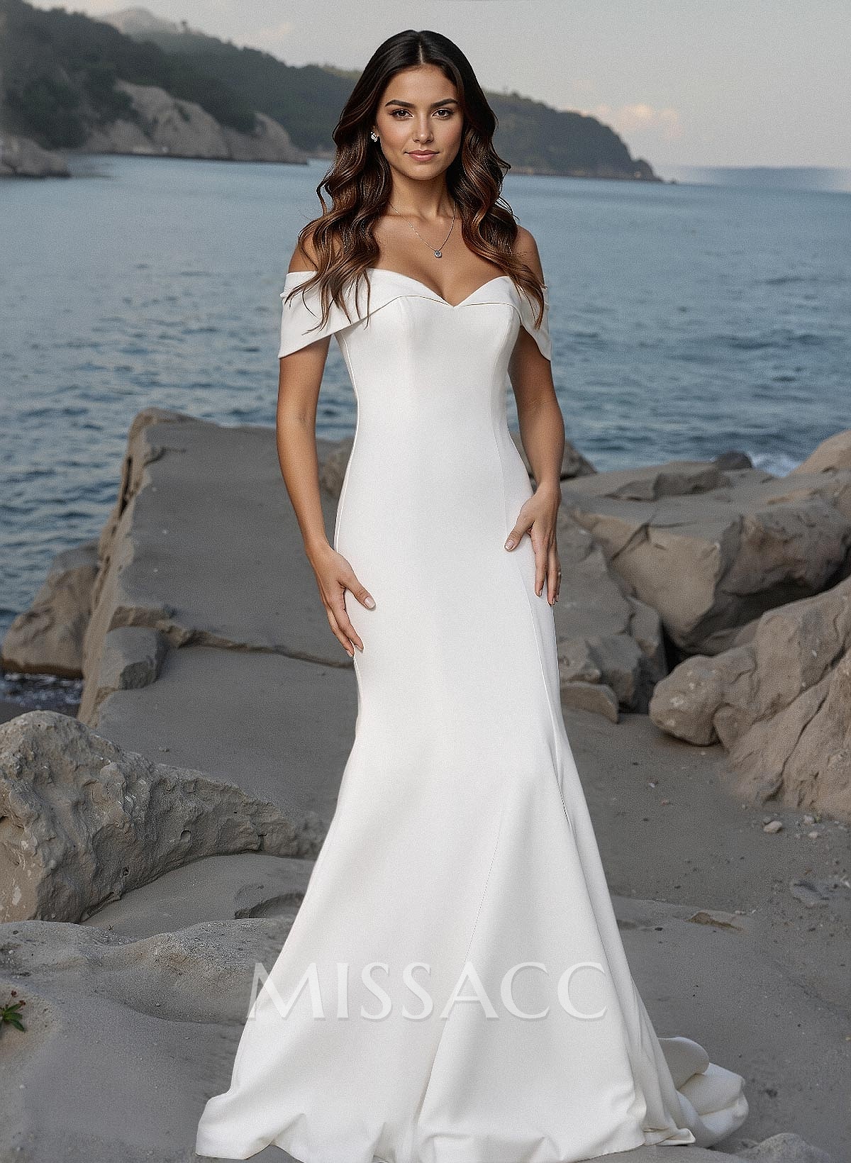 Minimalistic Trumpet Off-The-Shoulder Satin Wedding Dresses With Buttons Down The Back