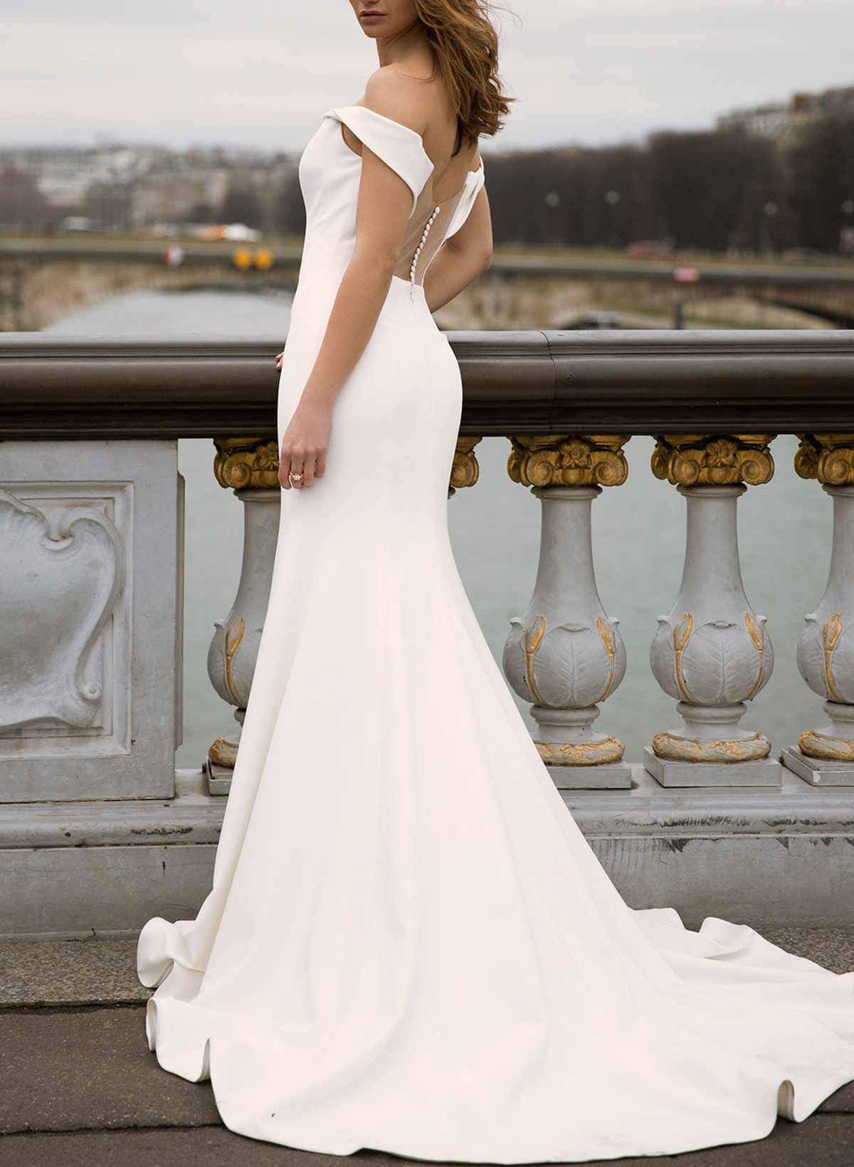 Minimalistic Trumpet Off-The-Shoulder Satin Wedding Dresses With Buttons Down The Back