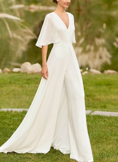 Modest Jumpsuit V-Neck Flutter Sleeve Chiffon Wedding Dresses