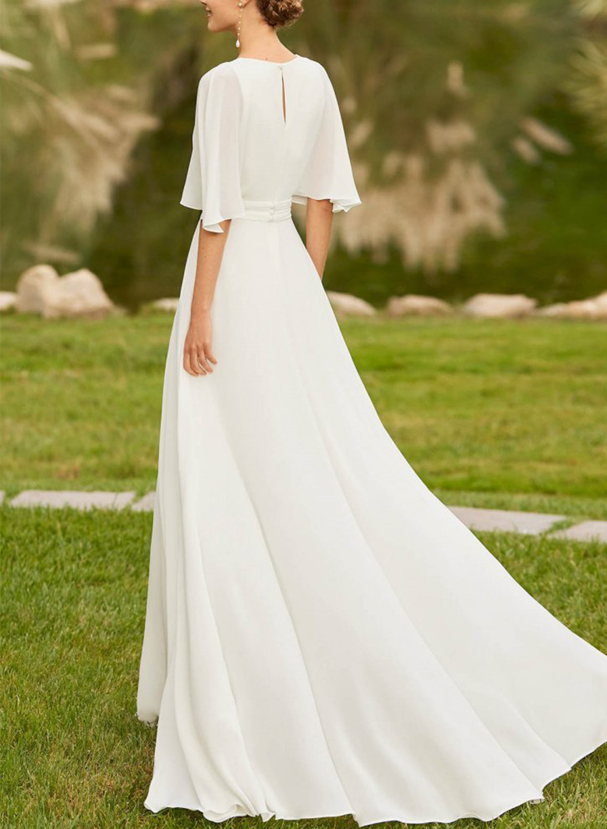 Modest Jumpsuit V-Neck Flutter Sleeve Chiffon Wedding Dresses