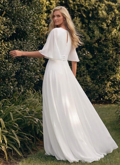 Modest Jumpsuit V-Neck Flutter Sleeve Chiffon Wedding Dresses