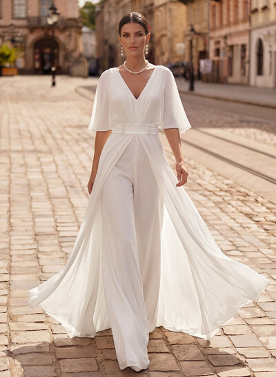 Modest Jumpsuit V-Neck Flutter Sleeve Chiffon Wedding Dresses