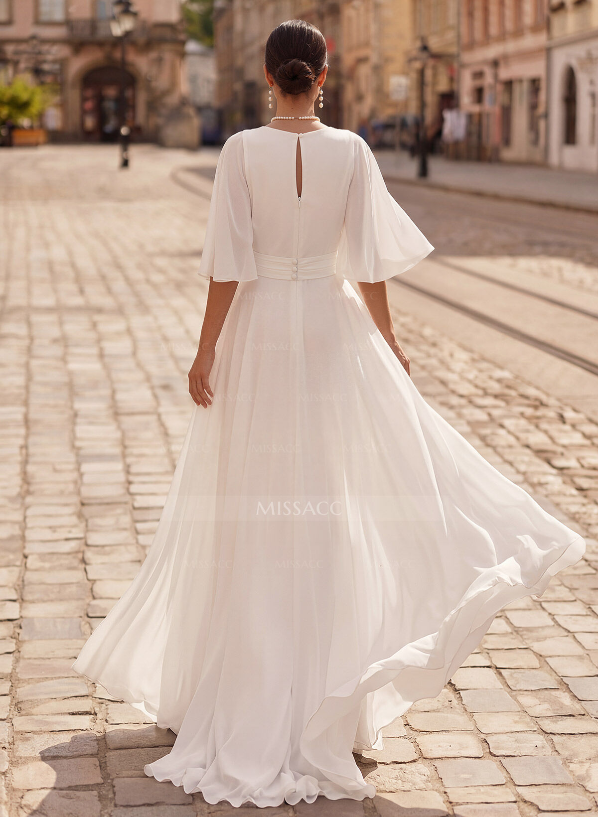 Modest Jumpsuit V-Neck Flutter Sleeve Chiffon Wedding Dresses