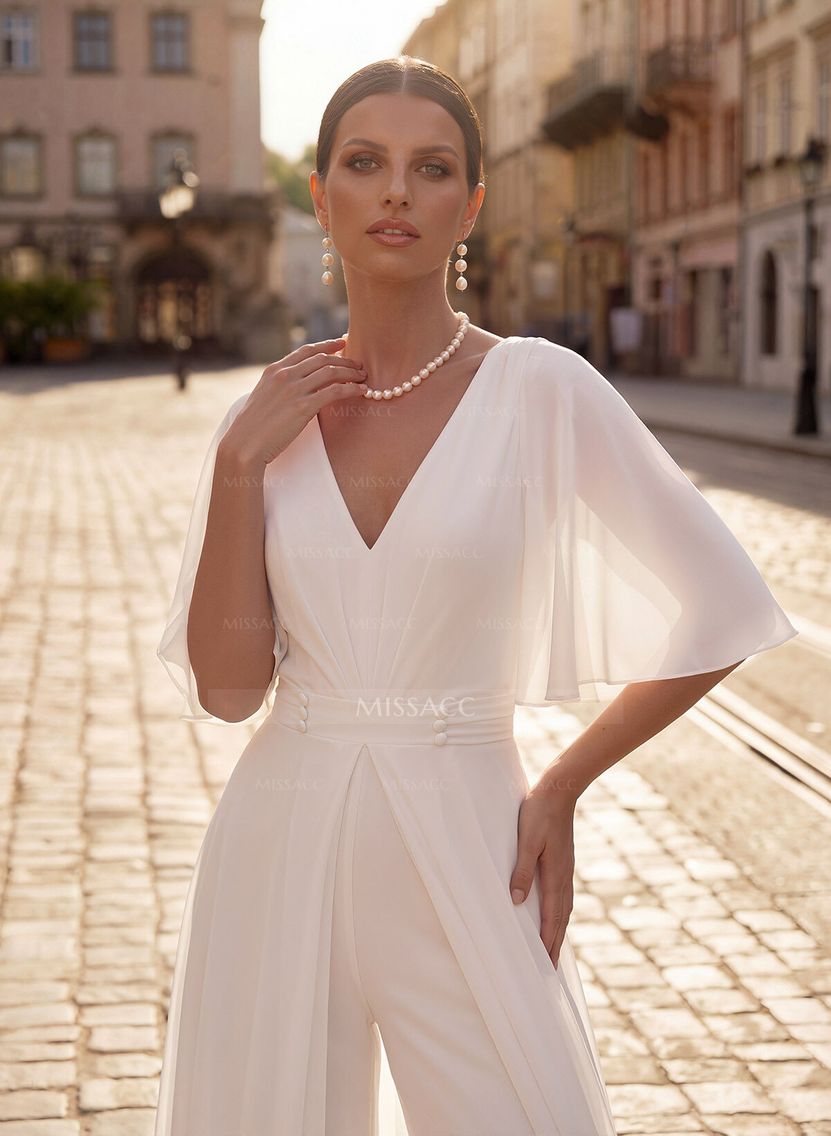 Modest Jumpsuit V-Neck Flutter Sleeve Chiffon Wedding Dresses