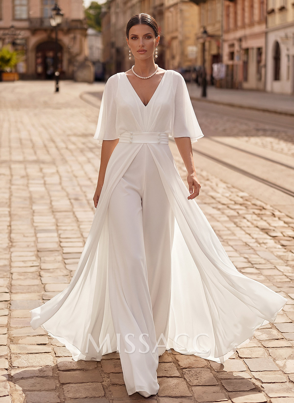Modest Jumpsuit V-Neck Flutter Sleeve Chiffon Wedding Dresses