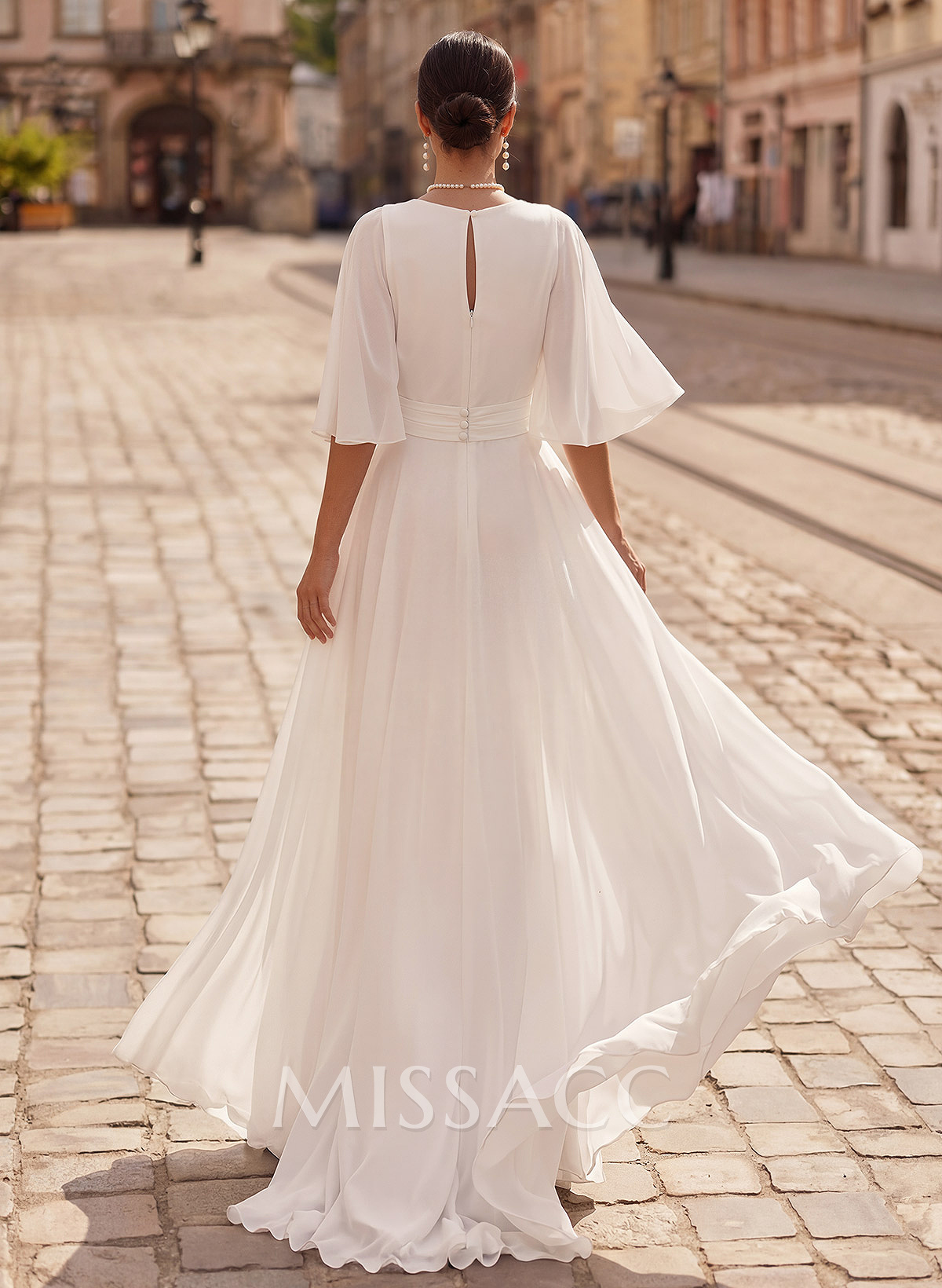 Modest Jumpsuit V-Neck Flutter Sleeve Chiffon Wedding Dresses