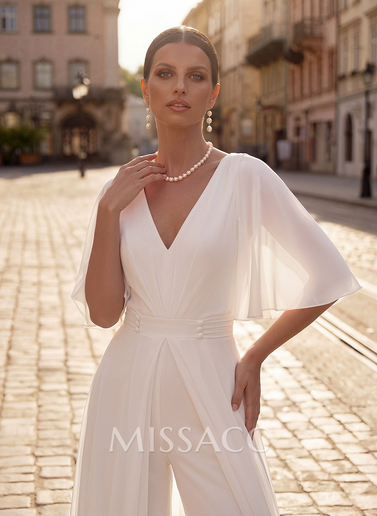 Modest Jumpsuit V-Neck Flutter Sleeve Chiffon Wedding Dresses Modest Jumpsuit V-Neck Flutter Sleeve Chiffon Wedding Dresses