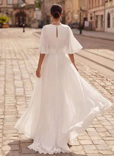 Modest Jumpsuit V-Neck Flutter Sleeve Chiffon Wedding Dresses