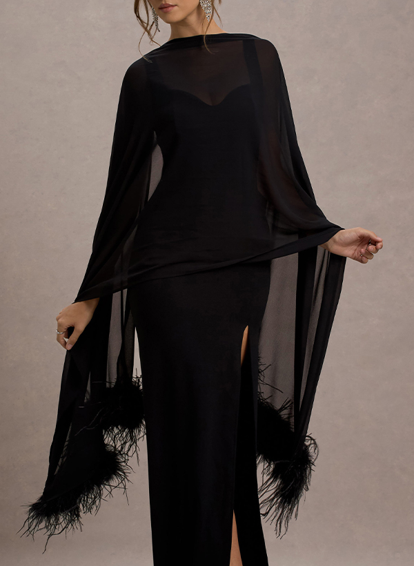 Open Front Chiffon Feather Detailed Wrap &Shawl