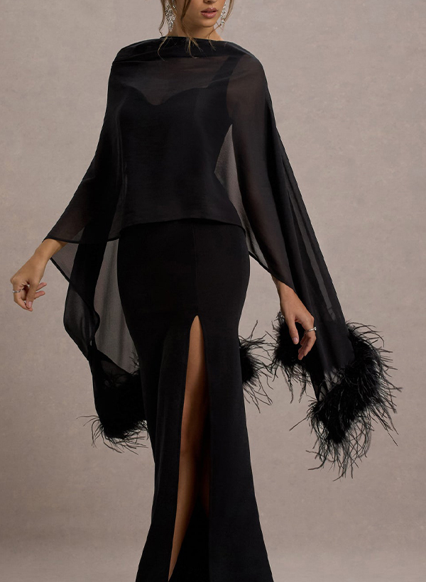 Open Front Chiffon Feather Detailed Wrap &Shawl