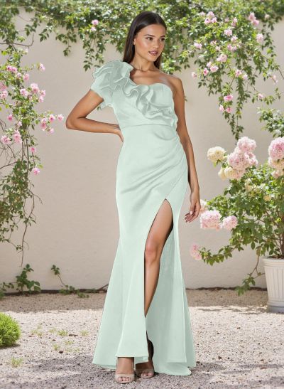 Classic Trumpet Ruffled One-Shoulder Bridesmaid Dresses With High Split