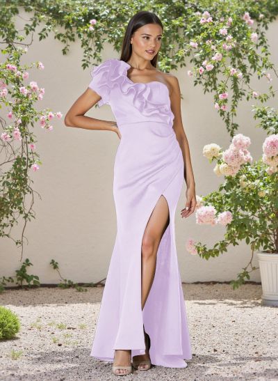 Classic Trumpet Ruffled One-Shoulder Bridesmaid Dresses With High Split