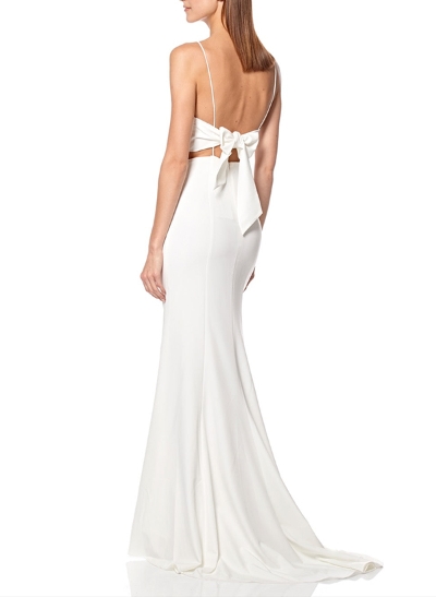 Flattering Trumpet Spaghetti Straps Bridesmaid Dresses With Bow Accented Open Back