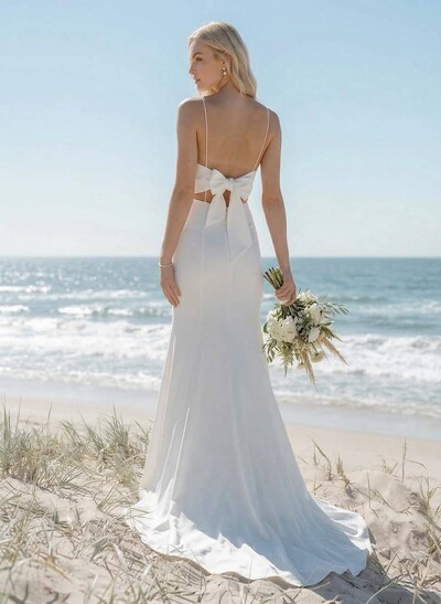 Flattering Trumpet Spaghetti Straps Bridesmaid Dresses With Bow Accented Open Back