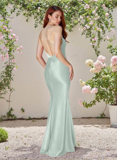 Seductive Spaghetti Straps Criss Cross Back Silk Like Satin Bridesmaid Dresses With High Split