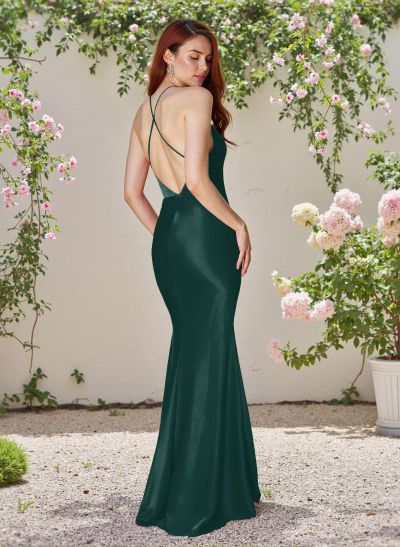 Seductive Spaghetti Straps Criss Cross Back Silk Like Satin Bridesmaid Dresses With High Split