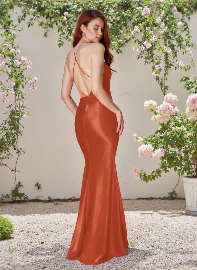 Seductive Spaghetti Straps Criss Cross Back Silk Like Satin Bridesmaid Dresses With High Split