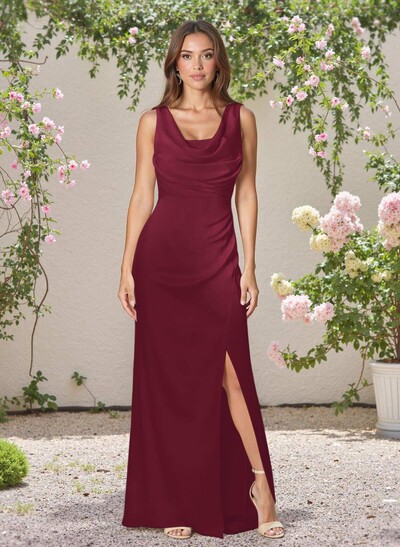 Minimalistic Cowl Neck Sleeveless Stretch Chiffon Bridesmiad Dresses With High Split