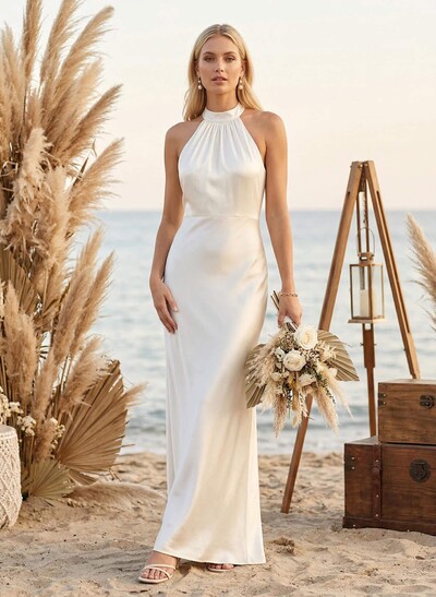 Minimalistic Bow Accented Halter Silk Like Satin Bridesmaid Dresses With Buttons Down The Back