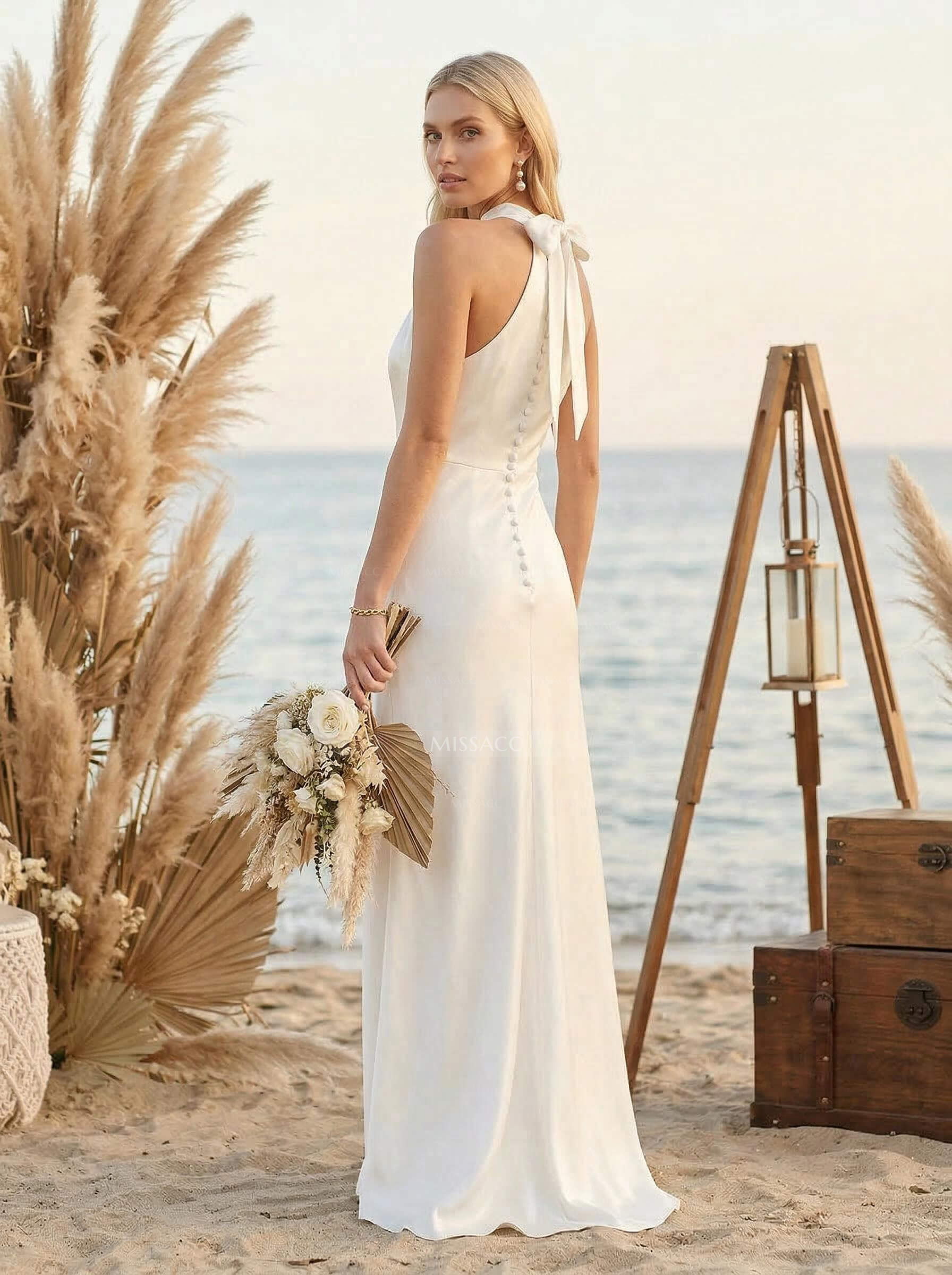 Minimalistic Bow Accented Halter Silk Like Satin Bridesmaid Dresses With Buttons Down The Back