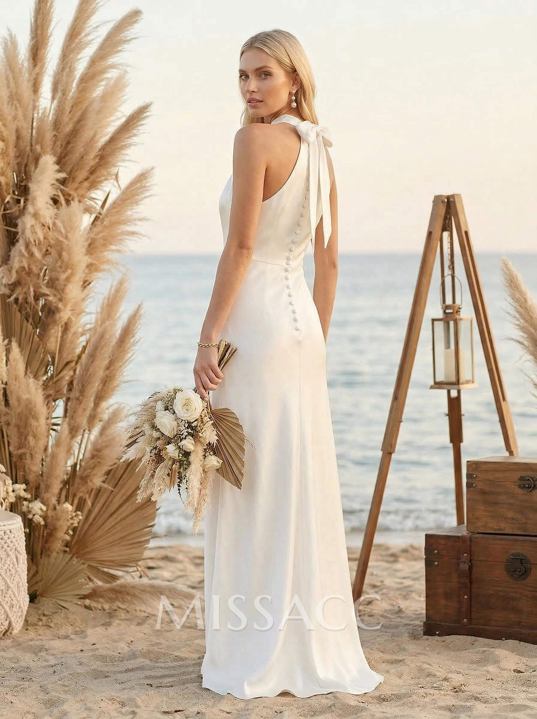 Minimalistic Bow Accented Halter Silk Like Satin Bridesmaid Dresses With Buttons Down The Back