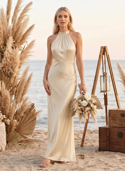Minimalistic Bow Accented Halter Silk Like Satin Bridesmaid Dresses With Buttons Down The Back