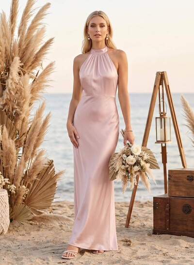 Minimalistic Bow Accented Halter Silk Like Satin Bridesmaid Dresses With Buttons Down The Back