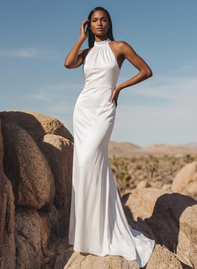 Minimalistic Bow Accented Halter Silk Like Satin Bridesmaid Dresses With Buttons Down The Back