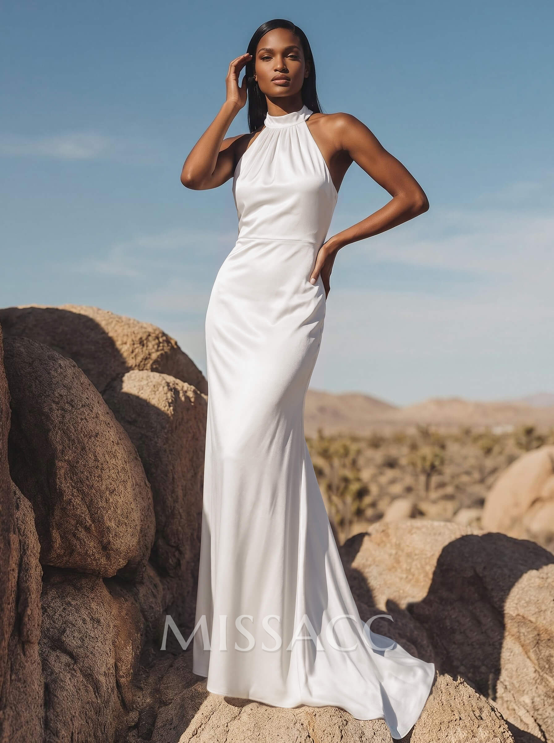 Minimalistic Bow Accented Halter Silk Like Satin Bridesmaid Dresses With Buttons Down The Back