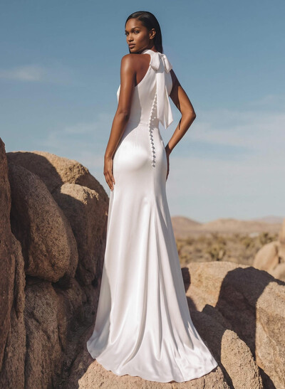 Minimalistic Bow Accented Halter Silk Like Satin Bridesmaid Dresses With Buttons Down The Back