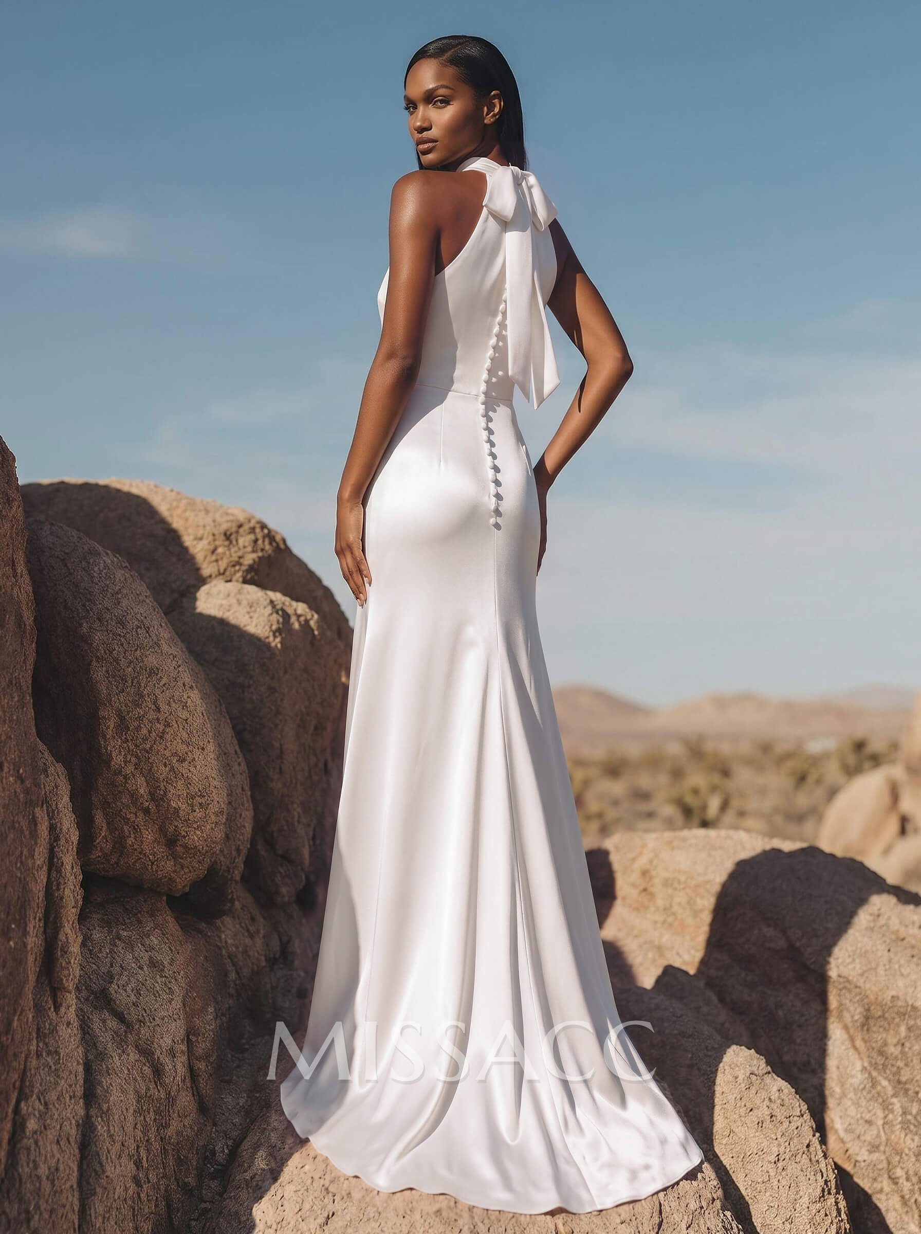 Minimalistic Bow Accented Halter Silk Like Satin Bridesmaid Dresses With Buttons Down The Back