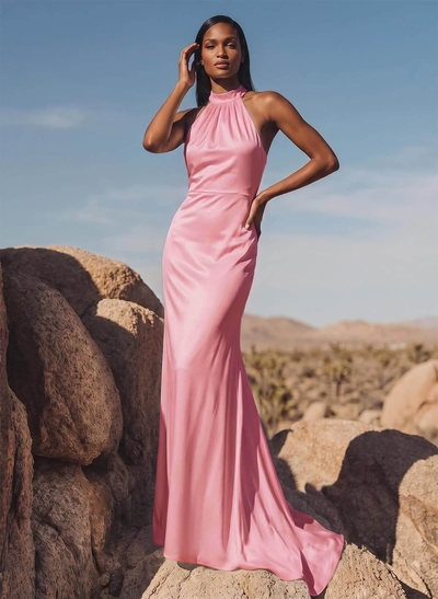 Minimalistic Bow Accented Halter Silk Like Satin Bridesmaid Dresses With Buttons Down The Back