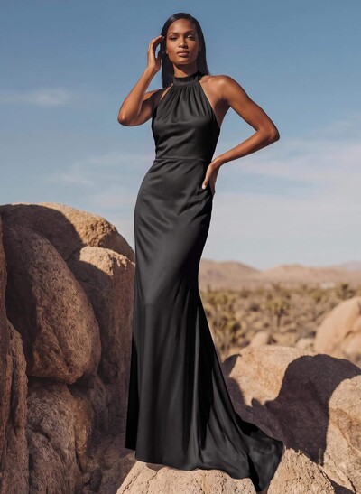Minimalistic Bow Accented Halter Silk Like Satin Bridesmaid Dresses With Buttons Down The Back