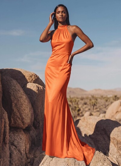 Minimalistic Bow Accented Halter Silk Like Satin Bridesmaid Dresses With Buttons Down The Back