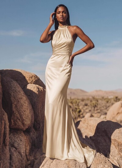 Minimalistic Bow Accented Halter Silk Like Satin Bridesmaid Dresses With Buttons Down The Back