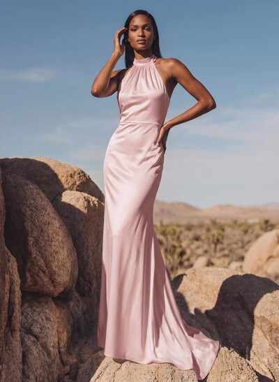 Minimalistic Bow Accented Halter Silk Like Satin Bridesmaid Dresses With Buttons Down The Back