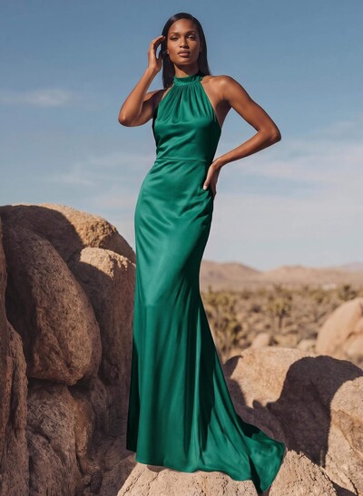 Minimalistic Bow Accented Halter Silk Like Satin Bridesmaid Dresses With Buttons Down The Back