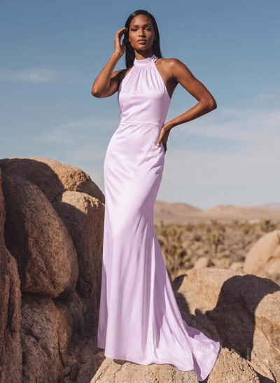 Minimalistic Bow Accented Halter Silk Like Satin Bridesmaid Dresses With Buttons Down The Back
