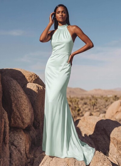 Minimalistic Bow Accented Halter Silk Like Satin Bridesmaid Dresses With Buttons Down The Back